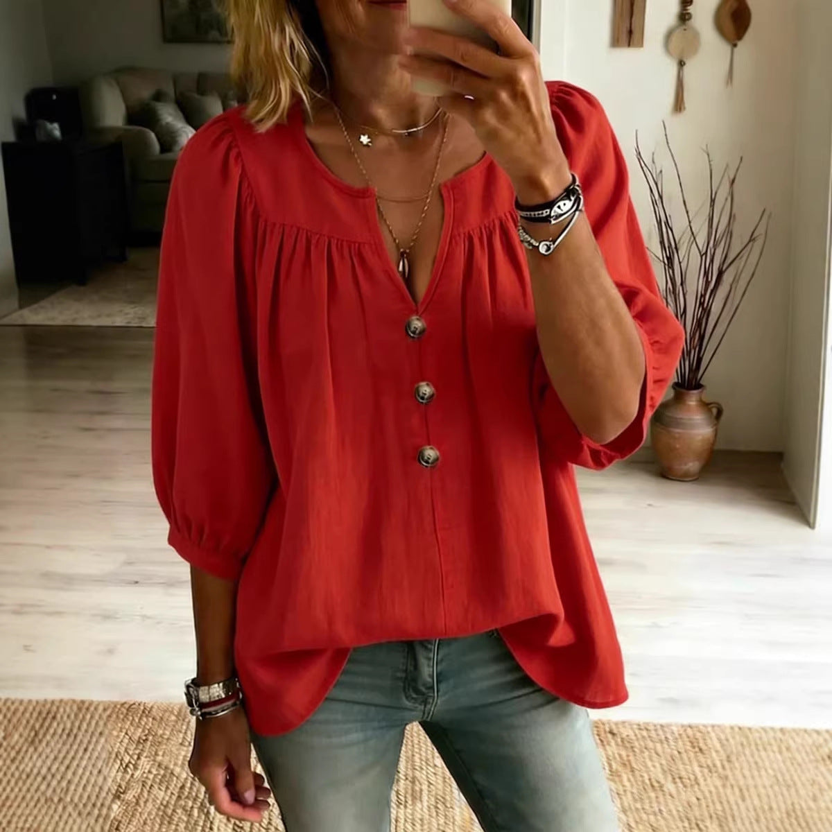 Women's Linen Three-Quarter Sleeve Buttoned T-Shirt – Loose Fit, Casual Chic