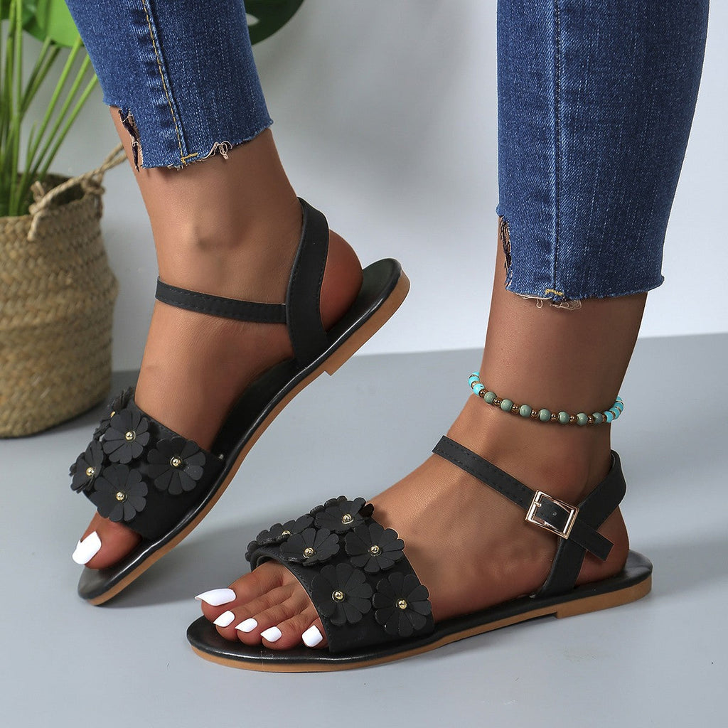 Women's Retro Floral Flat Sandals | Buckle Round-Toe Beach Shoes