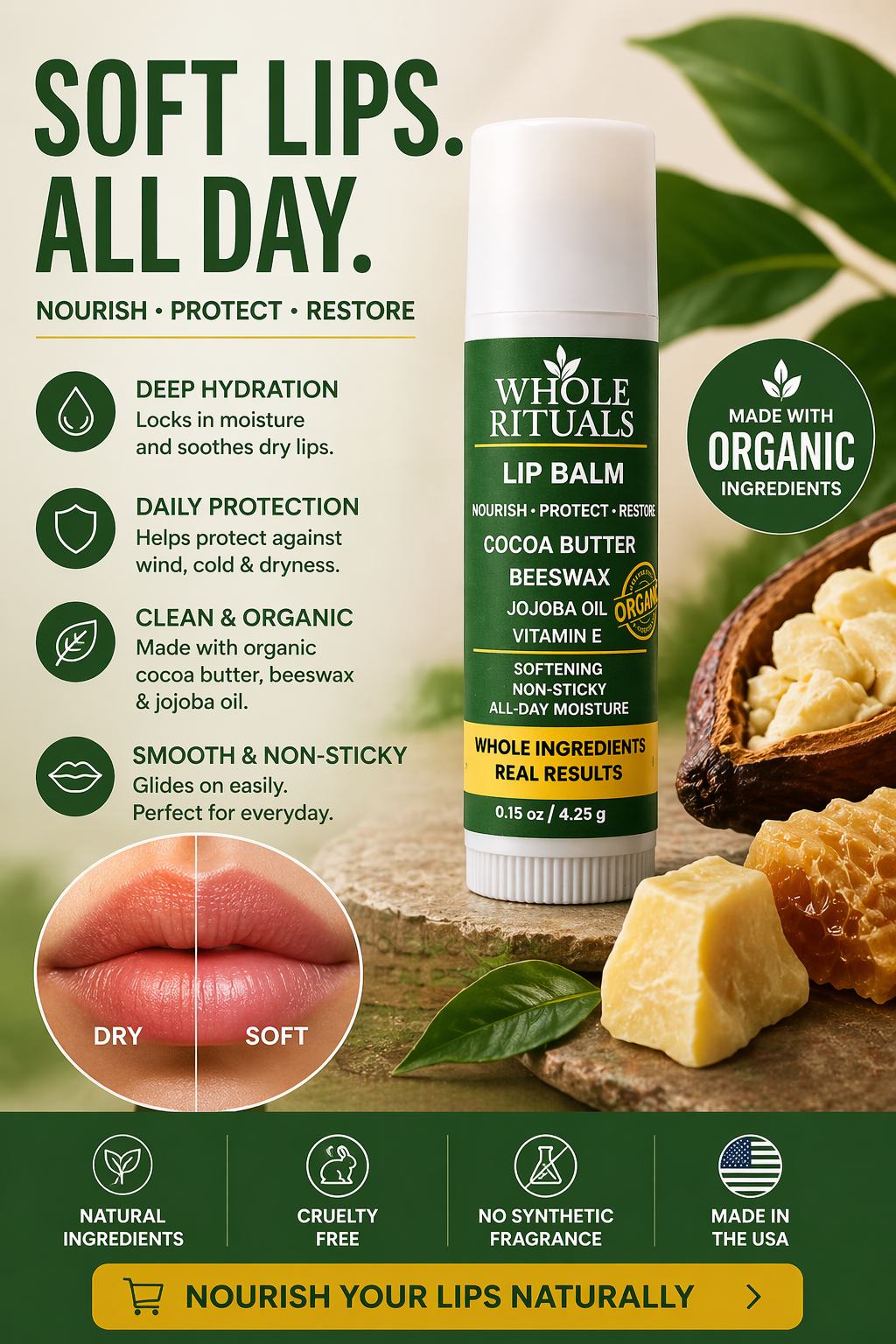 Cocoa Butter Lip Balm | Beeswax + Jojoba Oil + Vitamin E