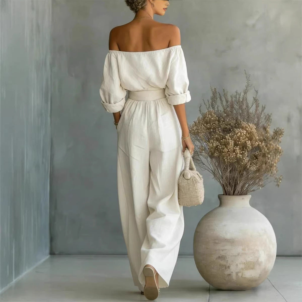 Casual Two-Piece Womens Outfit Off-Shoulder Top And Wide-Leg Pants Set (see size chart under more details)