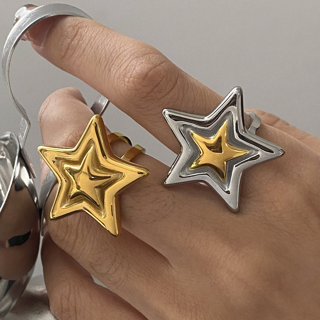 18K gold five-pointed star with texture design simple personality ring