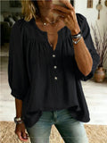 Women's Linen Three-Quarter Sleeve Buttoned T-Shirt – Loose Fit, Casual Chic