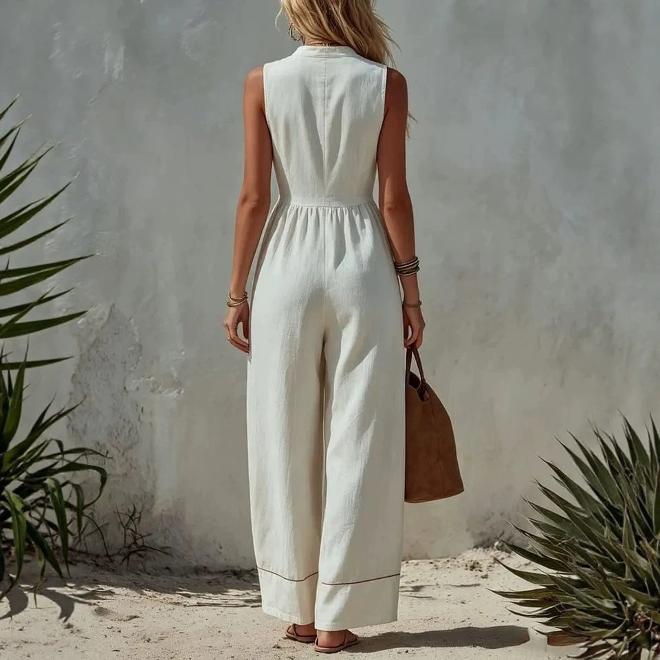 Women's Sleeveless Wide-Leg Jumpsuit – Loose Fit, V-Neck, Cotton Linen