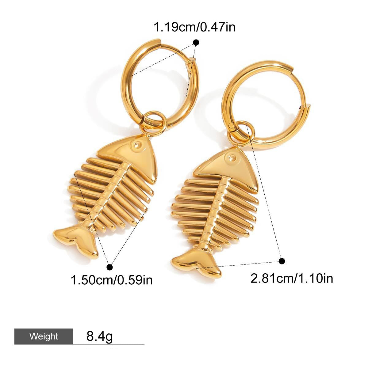 18K goldfishbone-shaped earrings with unique personality
