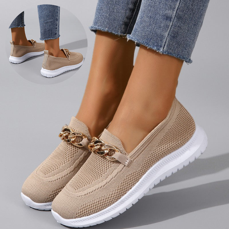 Women's Flyknit Chain-Detail Flat Sneakers | Breathable Mesh Walking Shoes