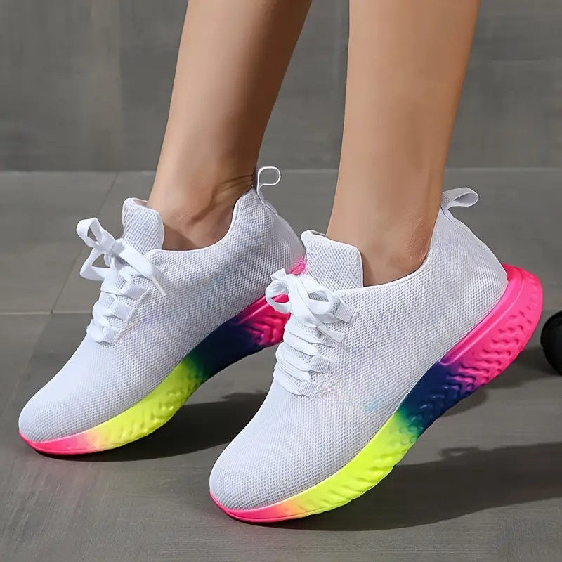 Women's Lace-Up Mesh Sneakers | Rainbow Sole Breathable Running Shoes