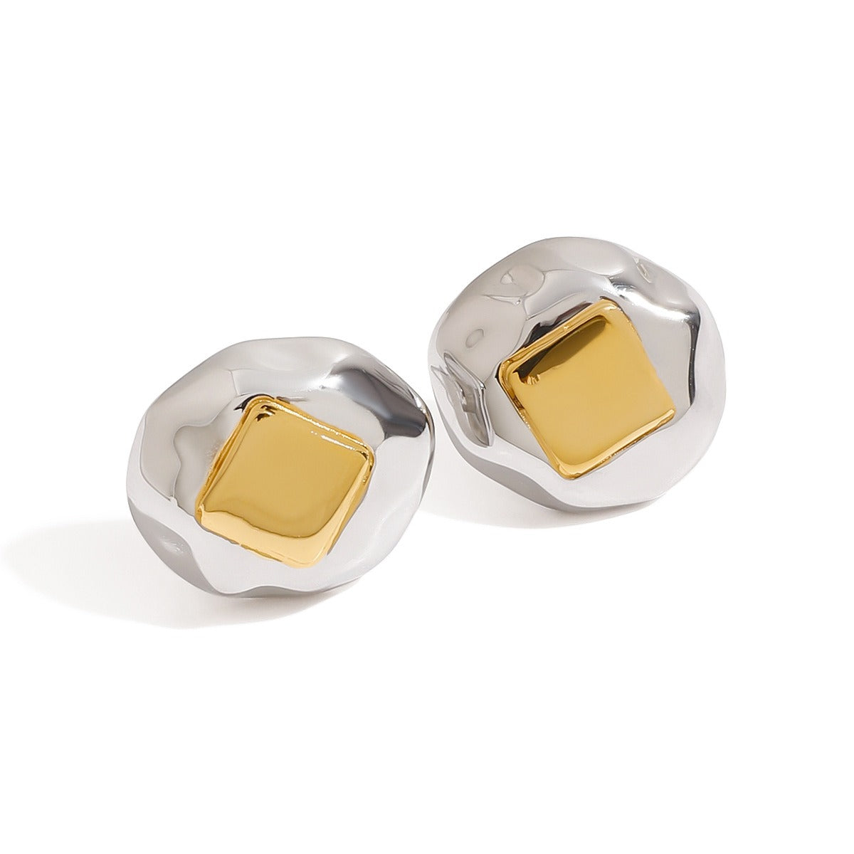 18K gold geometric inlay with gold and silver color matching design unique personality earrings