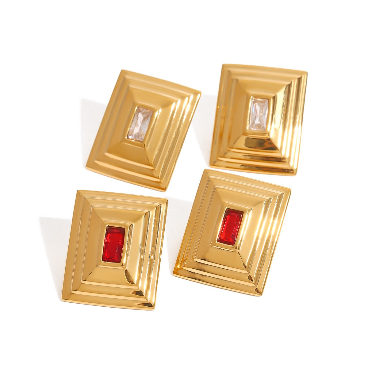 18k gold rectangular inlaid gemstone with concave pattern design exquisite and noble earrings