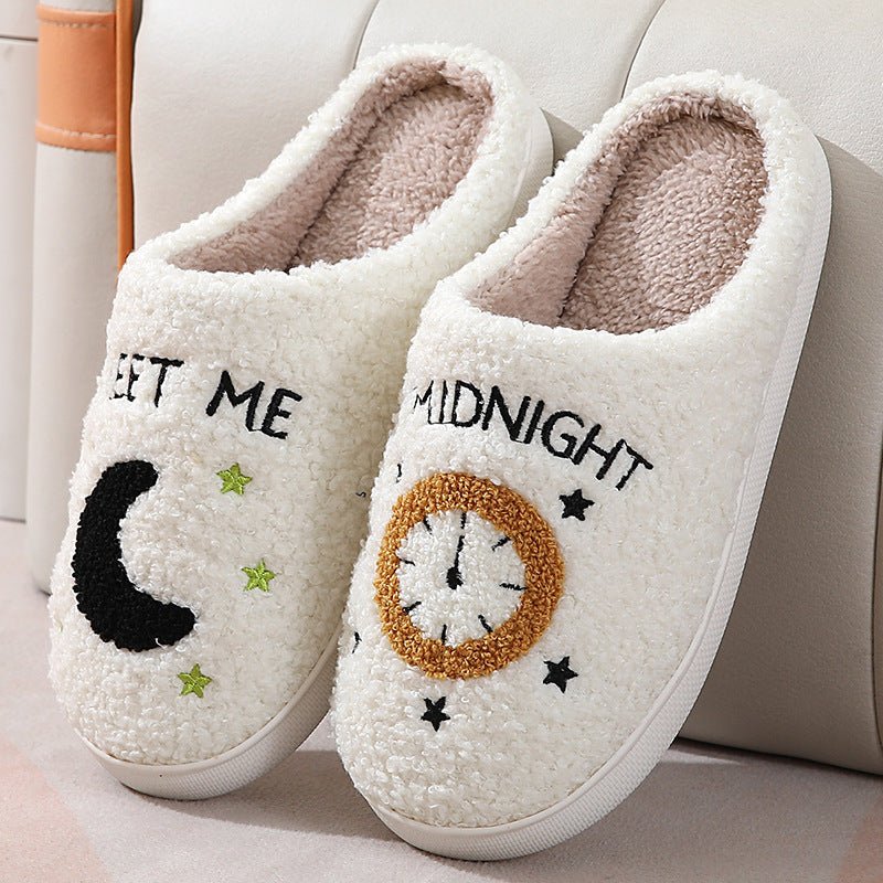 Women's Moon & Clock Print Plush Slippers | Warm Anti-Slip Floor Bedroom House Shoes