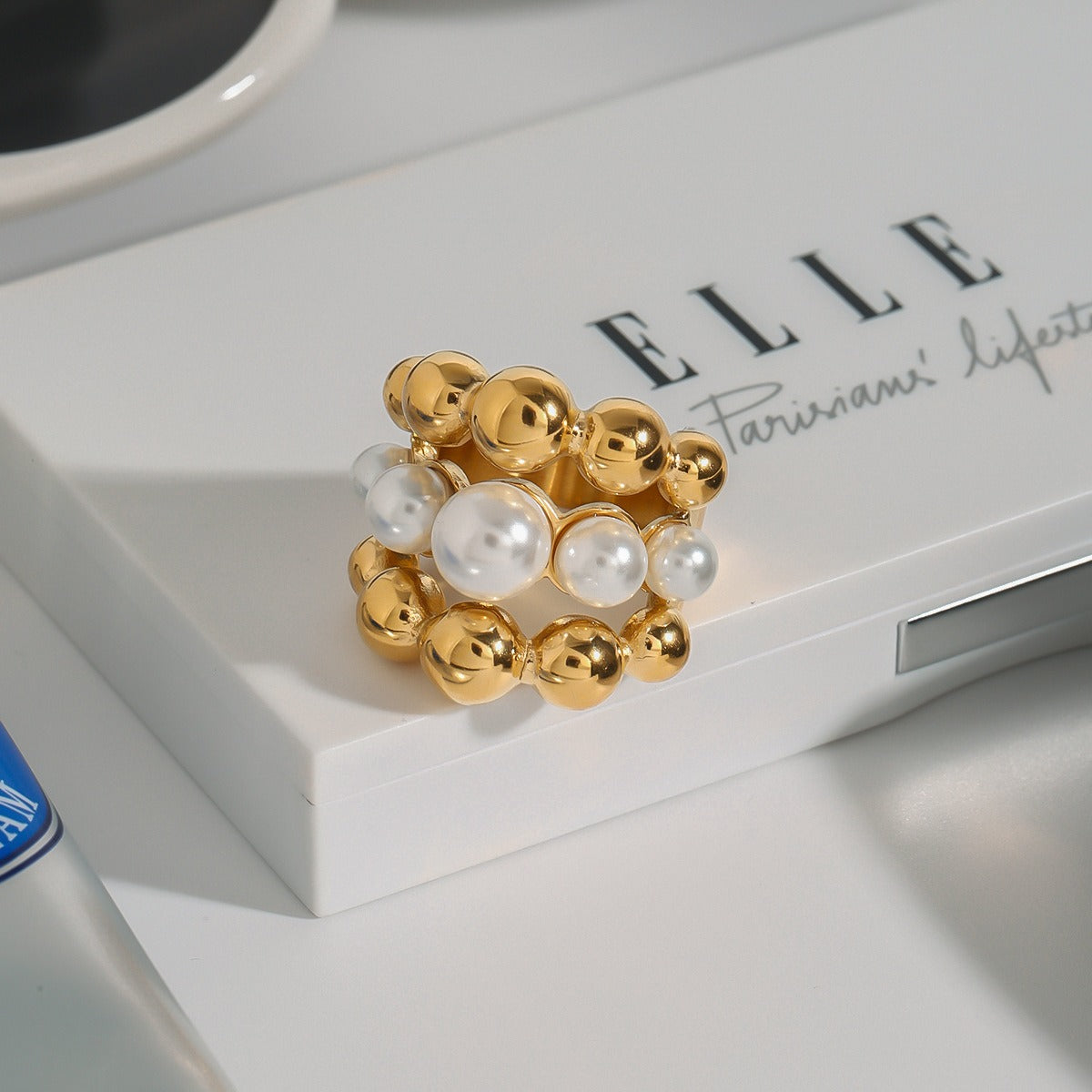 18K gold multi-layer round beads with pearl design exquisite high-end ring