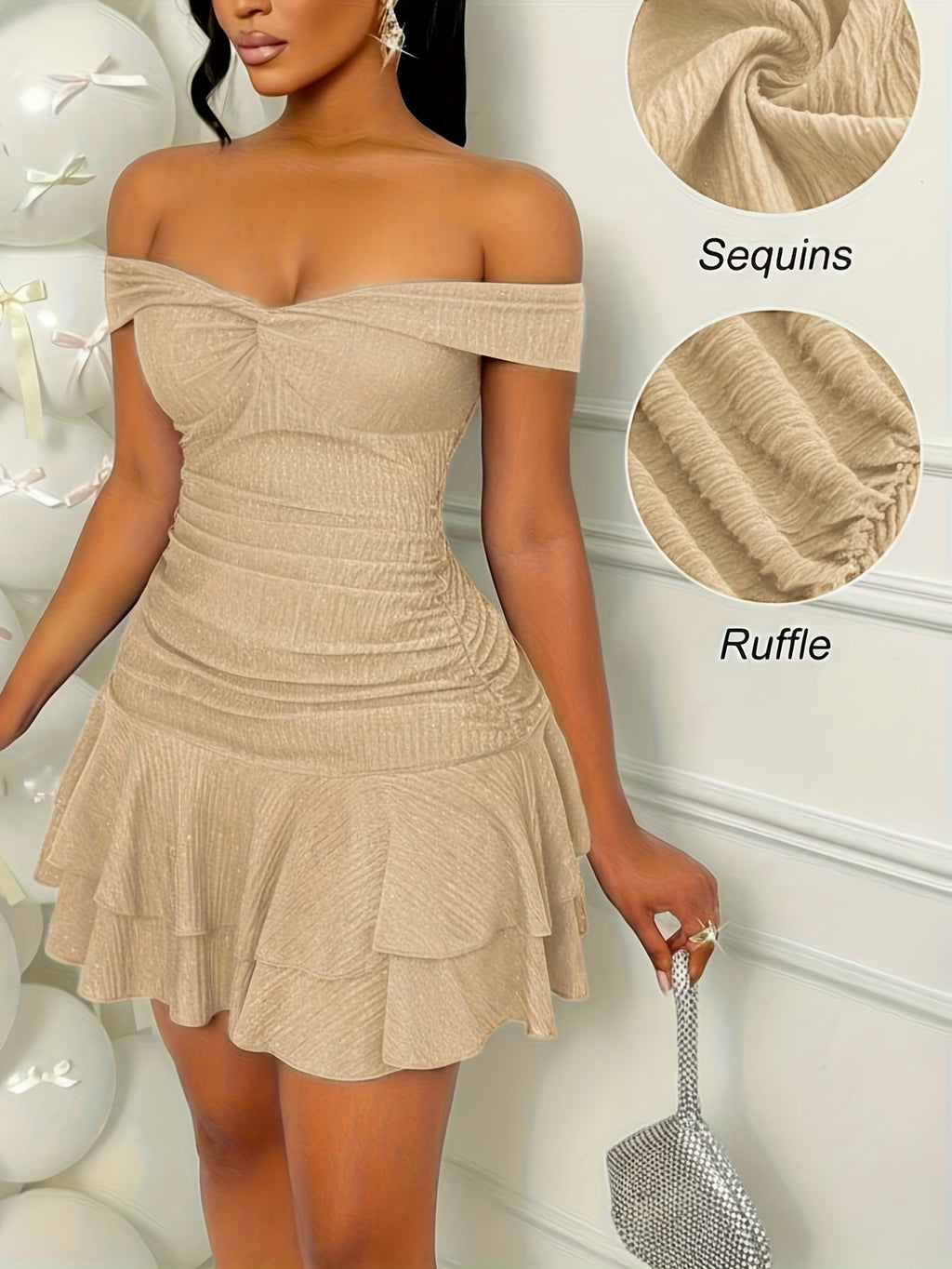 Sequin Off  Shoulder Ruffle Dress for Women
