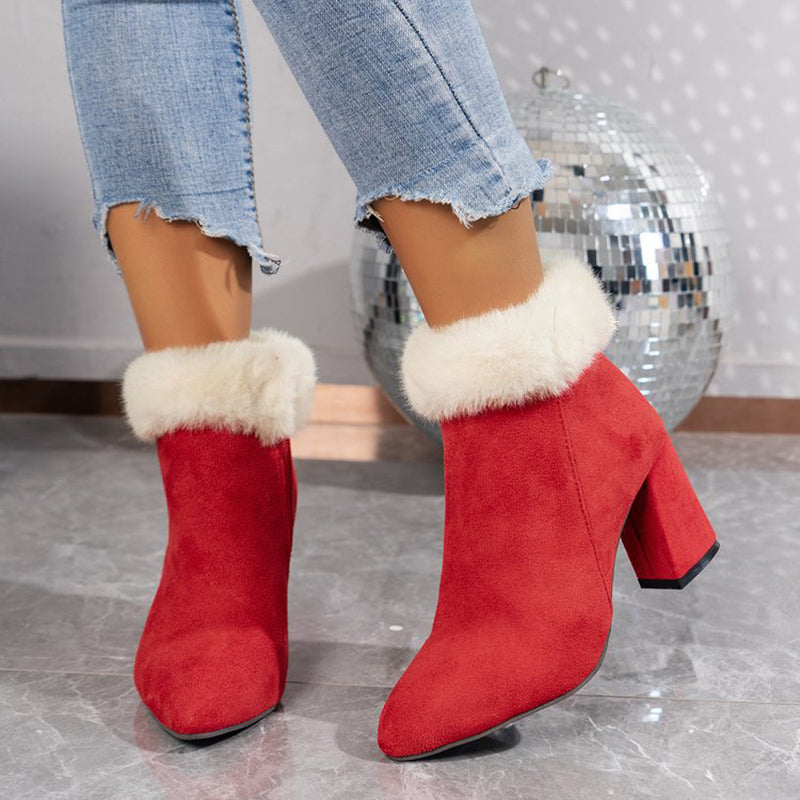 Women's Plaid Suede Ankle Boots | Square Heel Side Zipper Winter Boots