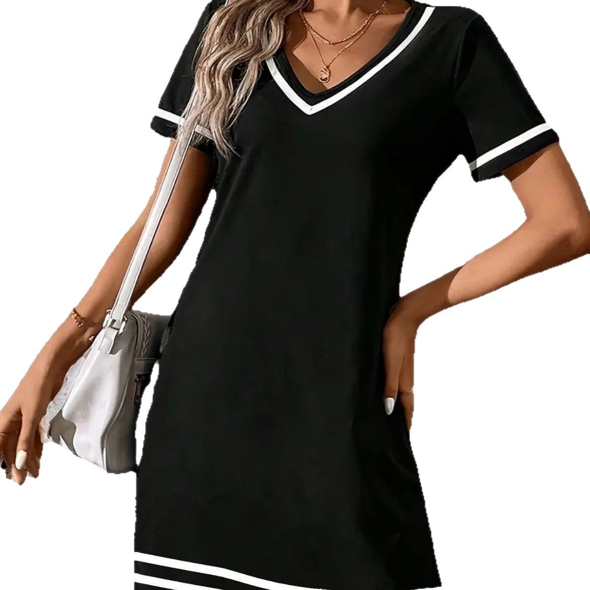 Women's Contrast-Color V-Neck A-Line Dress – Short Sleeve, Elegant, Mid-Rise