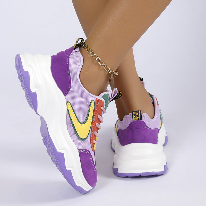 Women's Mixed-Color Lace-Up Sneakers | Mesh Breathable Lightweight Platform Running Shoes