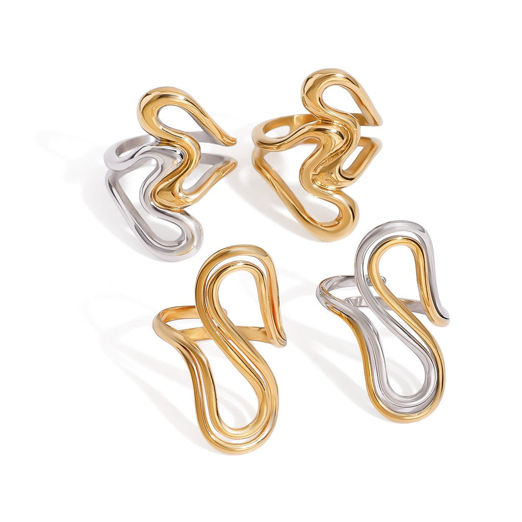 18K gold irregular lines with gold and silver color matching design unique personality ring