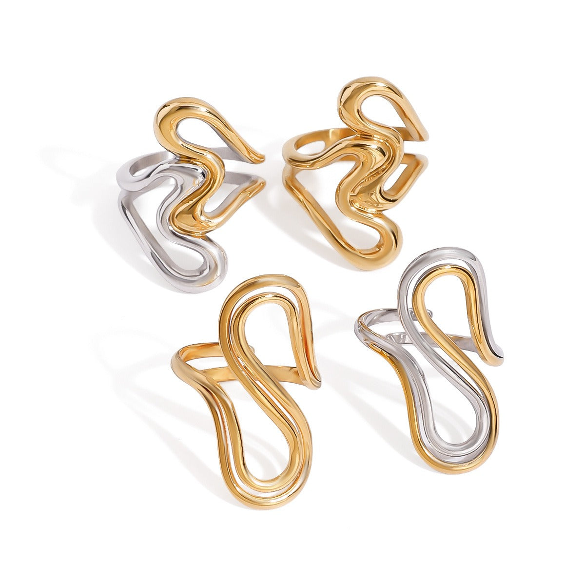 18K gold irregular lines with gold and silver color matching design unique personality ring