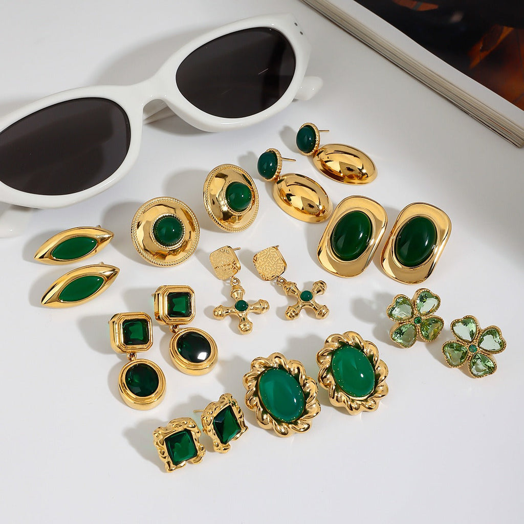 18K gold geometric/flower-shaped inlaid gemstone design light luxury noble earrings