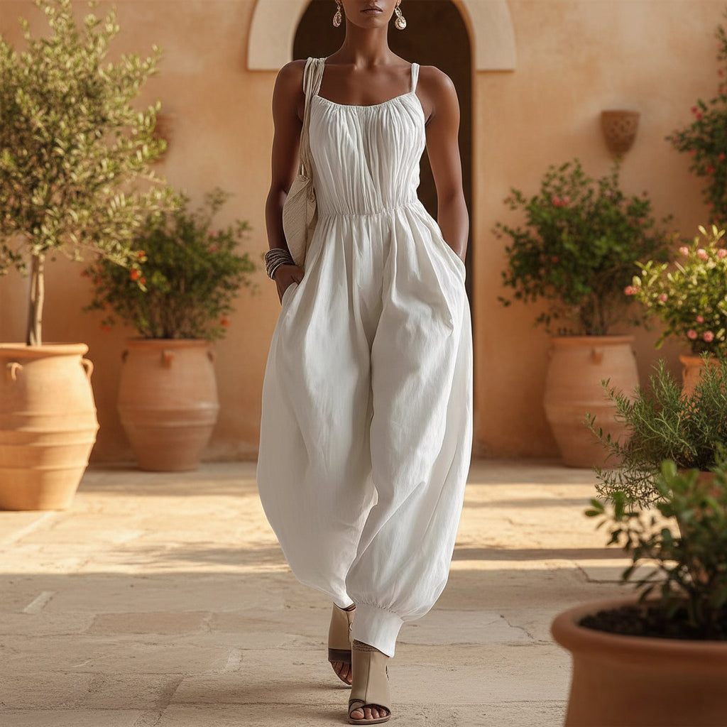 Women's Sleeveless Wide-Leg Jumpsuit – Knit, Low Waist, Flare Pants