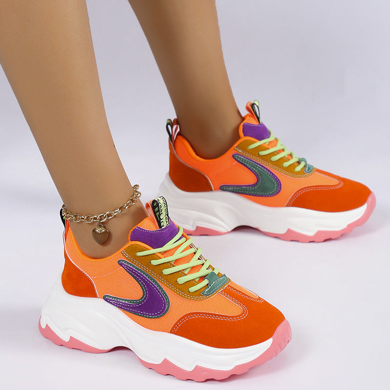 Women's Mixed-Color Lace-Up Sneakers | Mesh Breathable Lightweight Platform Running Shoes