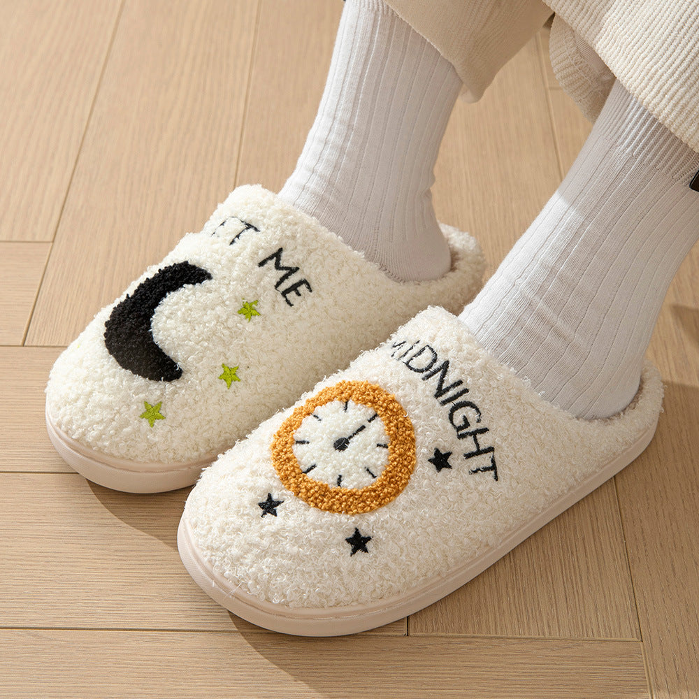 Women's Moon & Clock Print Plush Slippers | Warm Anti-Slip Floor Bedroom House Shoes