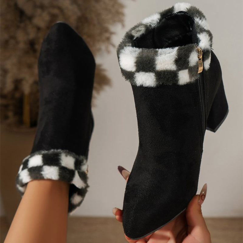 Women's Plaid Suede Ankle Boots | Square Heel Side Zipper Winter Boots