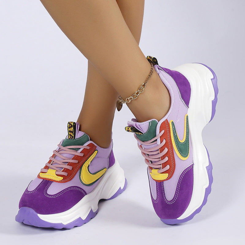 Women's Mixed-Color Lace-Up Sneakers | Mesh Breathable Lightweight Platform Running Shoes