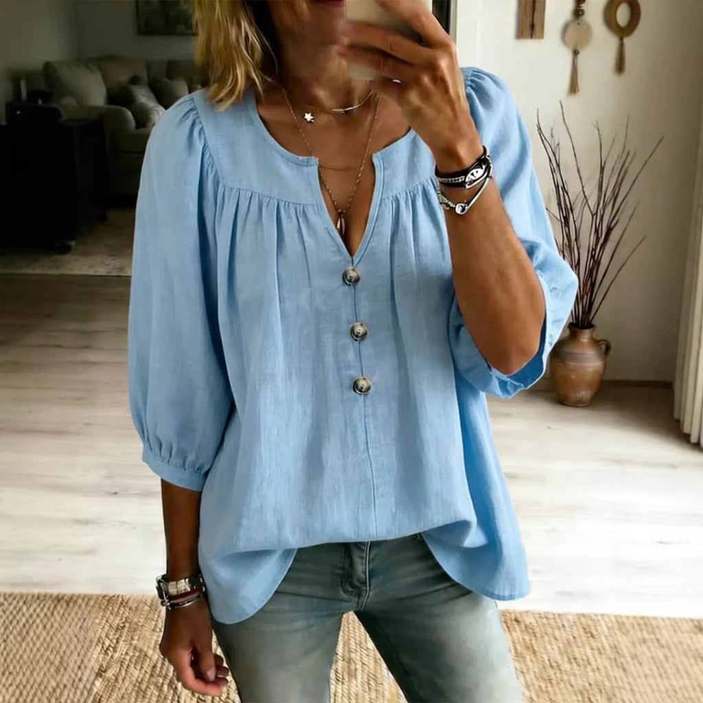 Women's Linen Three-Quarter Sleeve Buttoned T-Shirt – Loose Fit, Casual Chic