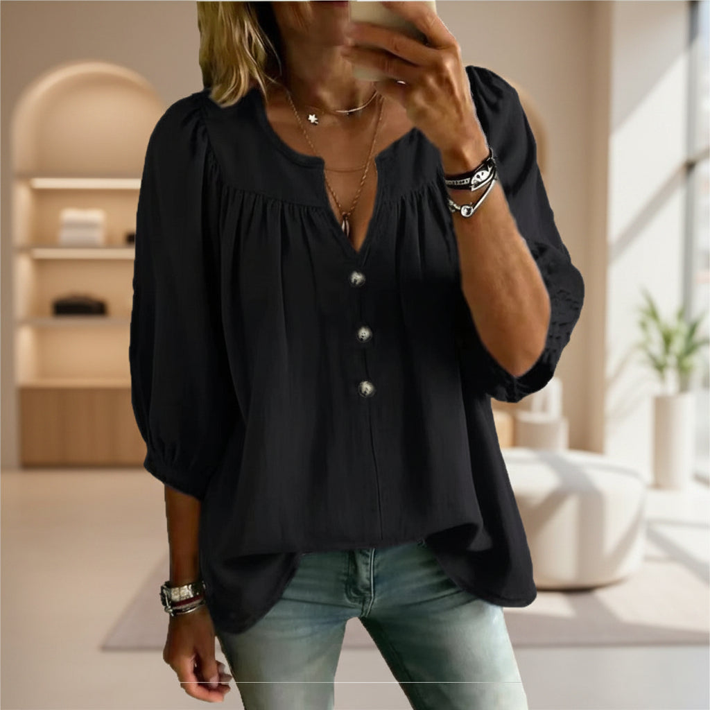 Women's Linen Three-Quarter Sleeve Buttoned T-Shirt – Loose Fit, Casual Chic