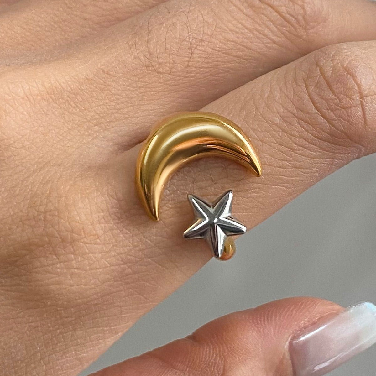 18K gold moon and star with gold and silver color matching design trendy personality open ring