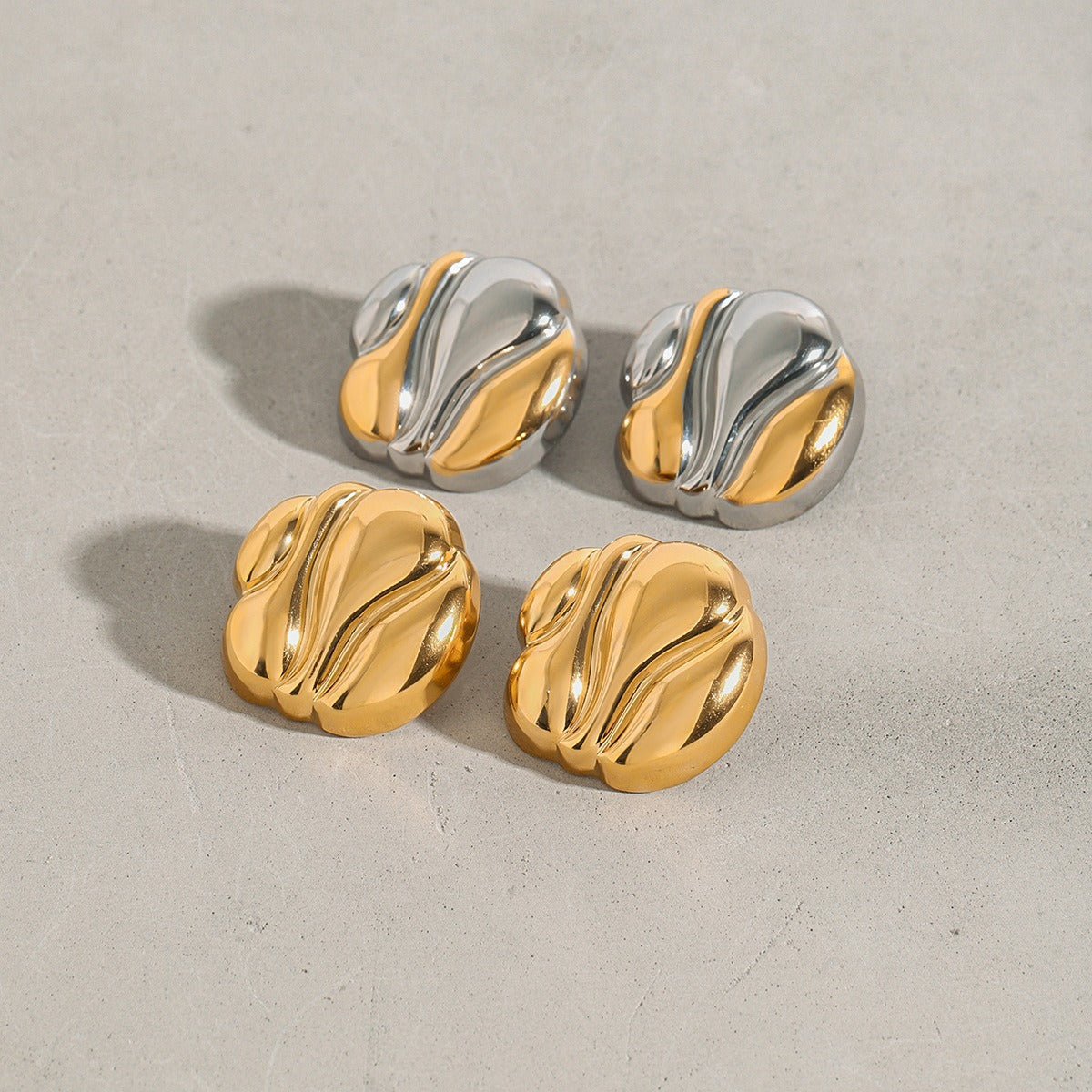 18k gold geometric shape with gold and silver color matching design fashionable and personalized earrings
