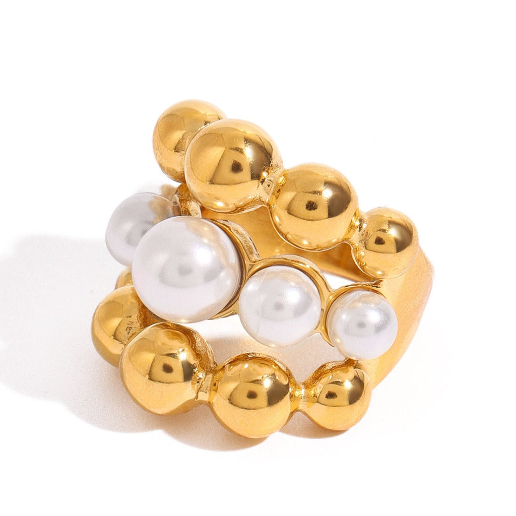 18K gold multi-layer round beads with pearl design exquisite high-end ring
