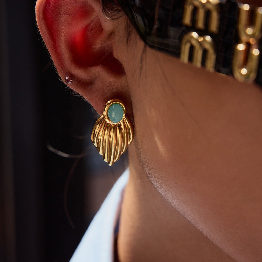 18K gold geometric inlaid gemstone design exquisite noble earrings
