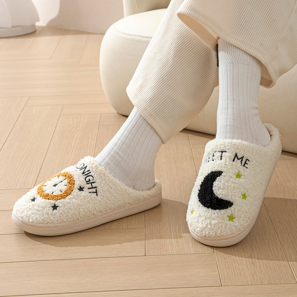 Women's Moon & Clock Print Plush Slippers | Warm Anti-Slip Floor Bedroom House Shoes