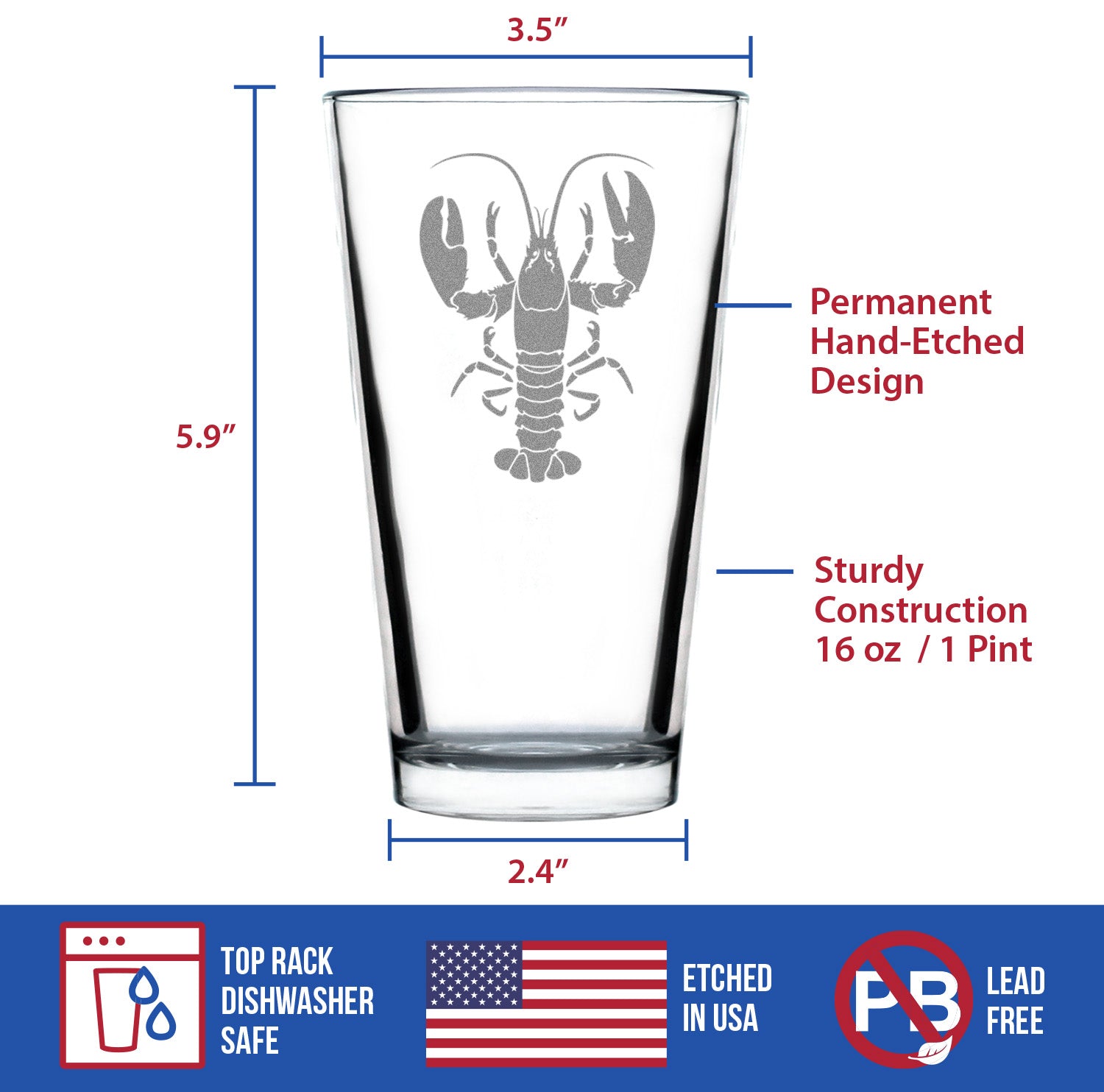 Lobster Engraved Pint Glass Lobster Gifts, Maine Souvenirs and Decor High Quality Pint Glasses for Beer - 16oz