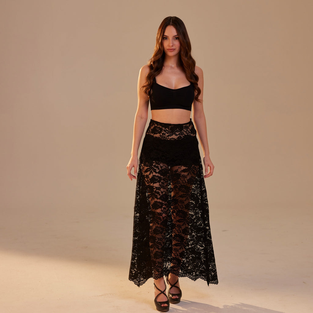 Black Lace A-Line Skirt – Long Sheer Full Skirt, Elegant Bachelorette Party Skirt, Gothic Fashion Skirt, Prom Skirt for Women