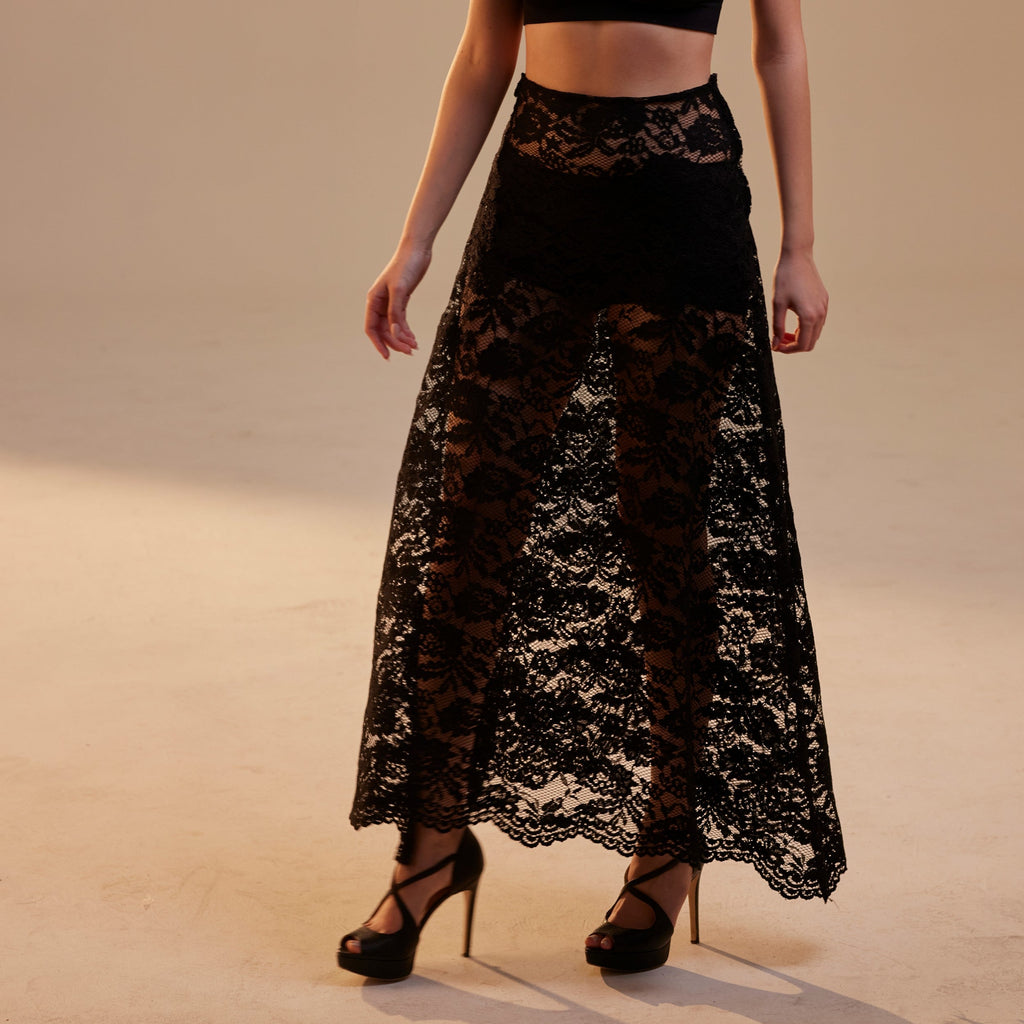 Black Lace A-Line Skirt – Long Sheer Full Skirt, Elegant Bachelorette Party Skirt, Gothic Fashion Skirt, Prom Skirt for Women