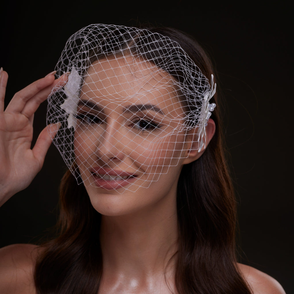 Bridal Birdcage Veil with Pearl & Leaf Side Comb