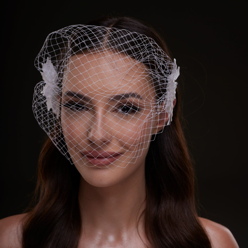 Bridal Birdcage Veil with Pearl & Leaf Side Comb