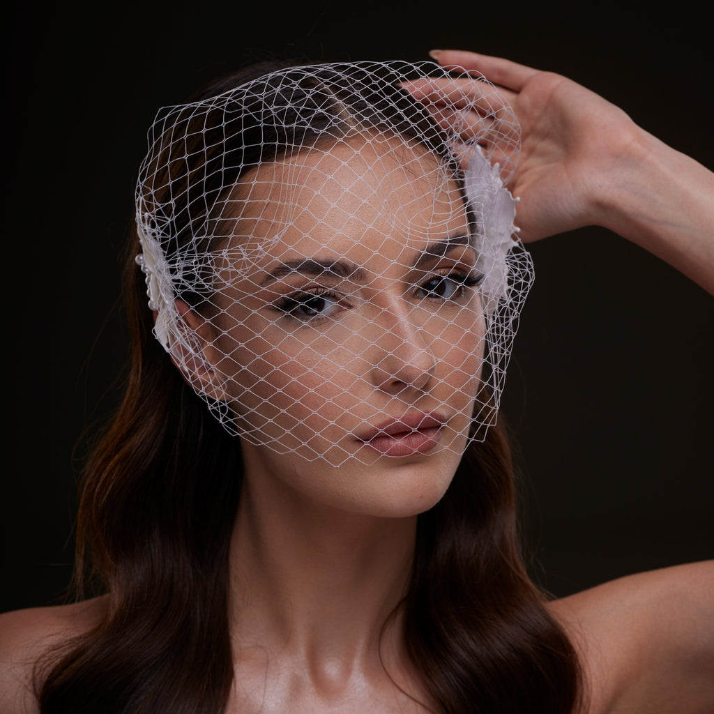 Bridal Birdcage Veil with Pearl & Leaf Side Comb