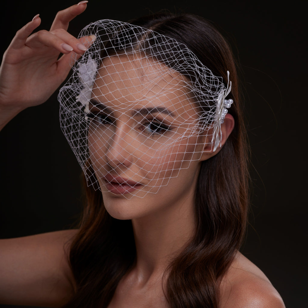 Bridal Birdcage Veil with Pearl & Leaf Side Comb