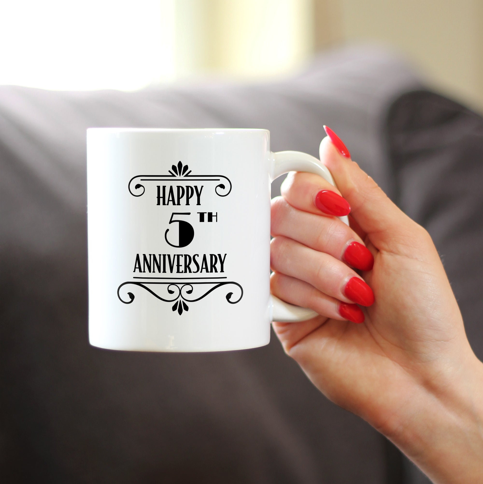 Happy 5th Anniversary Coffee Mug Gifts 5 Year Anniversary Art Deco Party Decor White Ceramic Coffee Cup