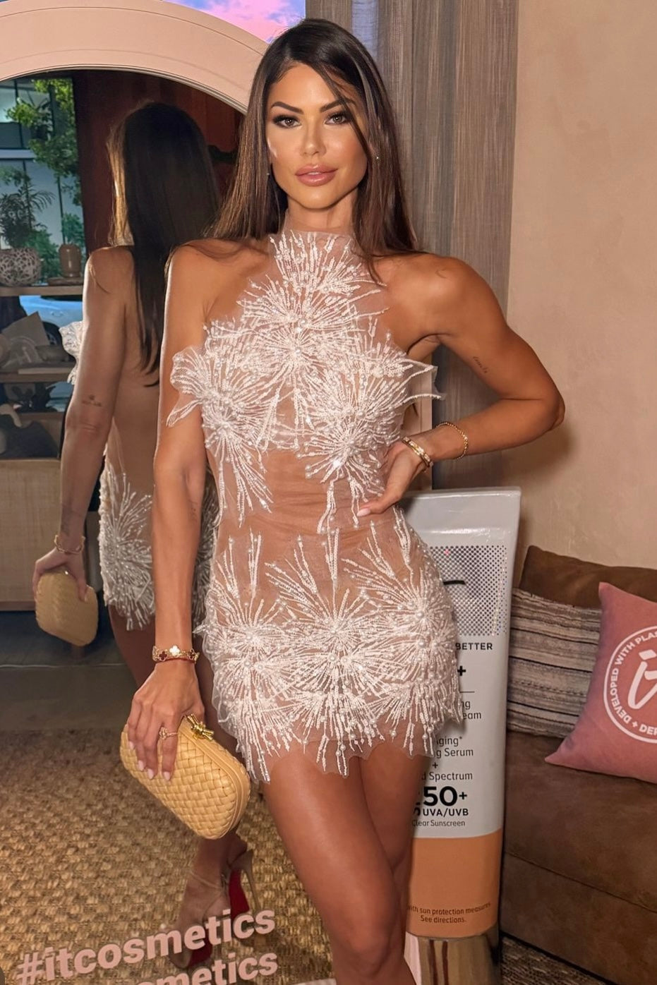 Jessica Bara Cady Rhinestone Pearl Mesh Mini Dress