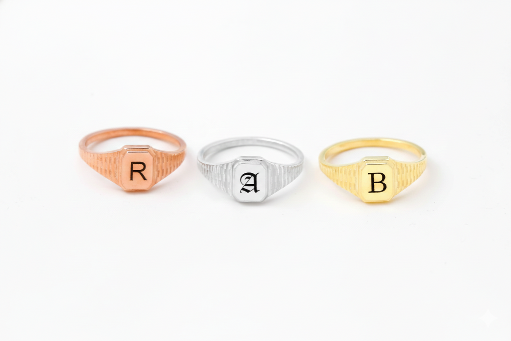 Personalized Silver Hexagon Signet Ring with Custom Initial Engraving