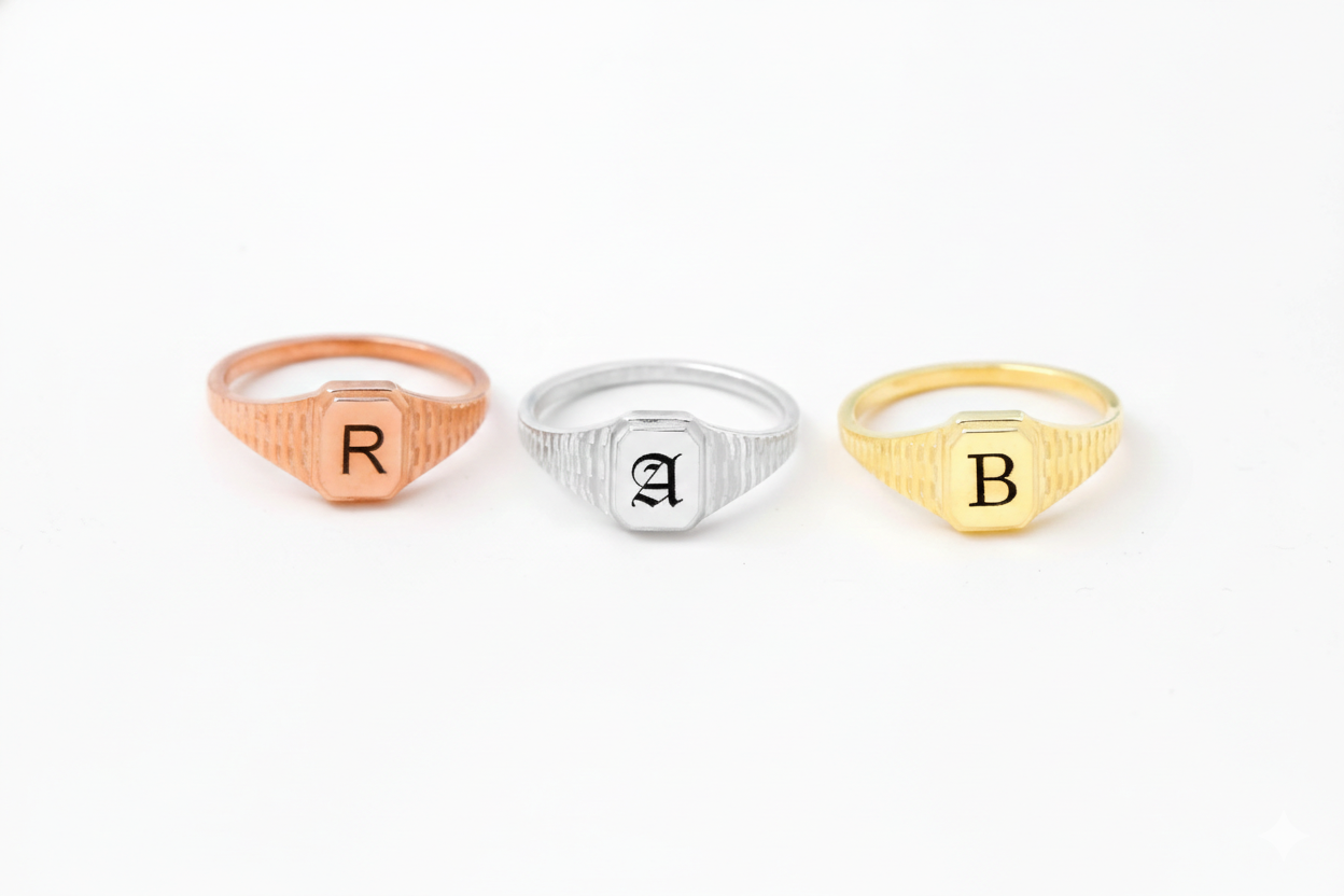 Personalized Silver Hexagon Signet Ring with Custom Initial Engraving