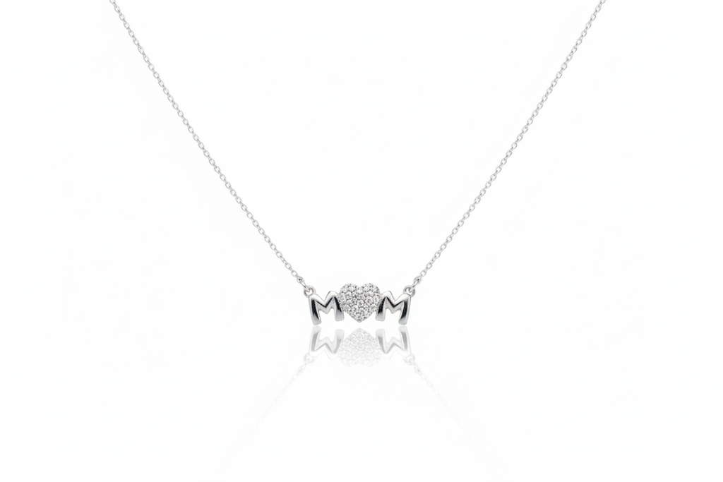 Sterling Silver Mom Necklace with Sparkling Diamond Heart