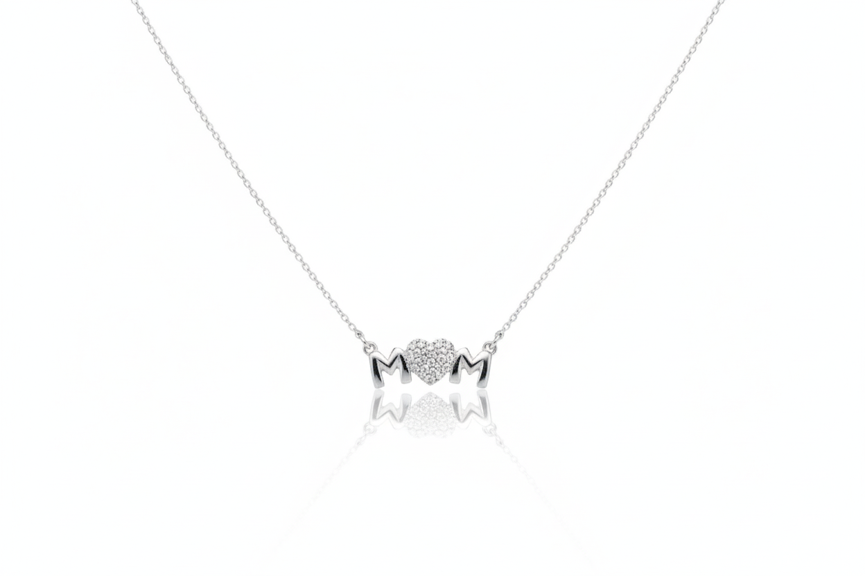 Sterling Silver Mom Necklace with Sparkling Diamond Heart