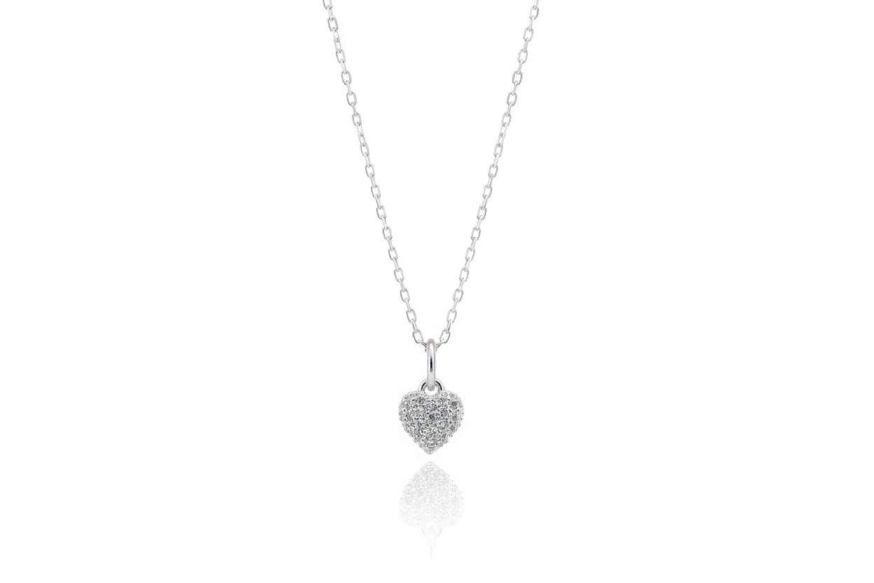 Heart Charm Necklace with Sparkling CZ Diamonds in 925 Sterling Silver