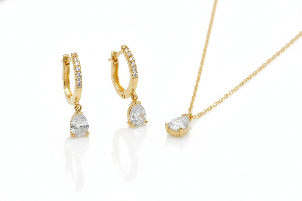 Diamond Dangle Earrings & Necklace Set - Sterling Silver Bridal Jewelry