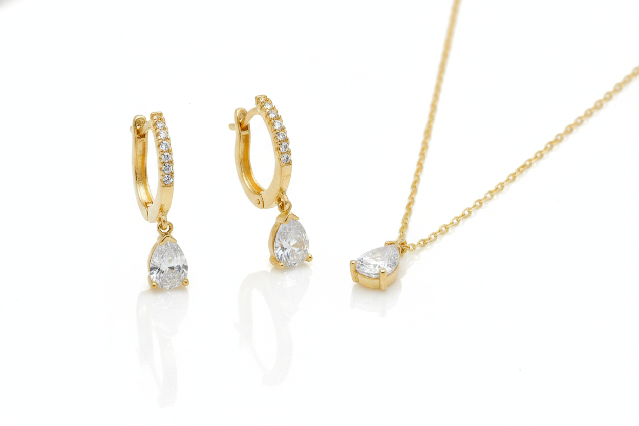 Diamond Dangle Earrings & Necklace Set - Sterling Silver Bridal Jewelry