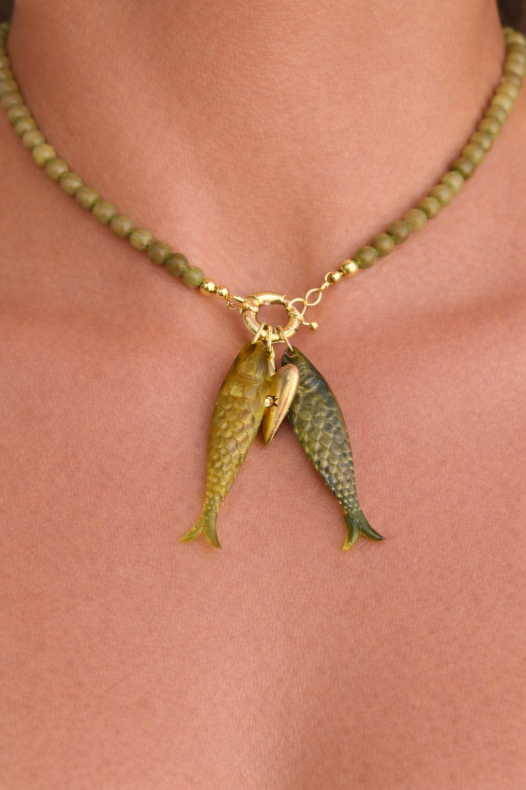 Olive Twin Fish Necklace